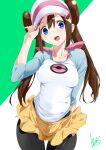  1girl black_legwear blue_eyes breasts brown_hair covered_navel double_bun highres long_hair looking_at_viewer open_mouth pantyhose pokemon pokemon_(game) pokemon_bw2 rosa_(pokemon) shirt shorts smile solo toru_k twintails very_long_hair visor_cap yellow_shorts 