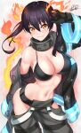  1girl absurdres arm_up baggy_pants bangs bare_shoulders bikini black_bikini black_coat black_gloves black_hair blush breasts cleavage coat commentary commission cowboy_shot en&#039;en_no_shouboutai eyebrows_visible_through_hair fiery_ears fiery_tail fire gloves grey_pants grin groin hair_between_eyes highres hip_vent large_breasts long_hair long_sleeves looking_at_viewer metal_gloves navel nez-box off_shoulder open_clothes open_coat pants sidelocks signature single_bare_shoulder smile solo standing stomach swimsuit tail tamaki_kotatsu teeth twintails white_background yellow_eyes 