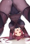  1girl absurdres ass bent_over blush bodysuit breasts damda fate/grand_order fate_(series) from_behind highres huge_filesize large_breasts long_hair looking_at_viewer open_mouth purple_bodysuit purple_hair red_eyes revision scathach_(fate) scathach_(fate)_(all) simple_background solo thighs upside-down white_background 