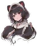  1girl :3 animal_ears black_choker black_dress brown_hair choker cropped_torso dog_ears dress eyebrows_visible_through_hair frilled_dress frills headdress heterochromia highres inui_toko konayama_kata long_hair looking_at_viewer nijisanji ponytail red_eyes simple_background solo upper_body virtual_youtuber white_background yellow_eyes 