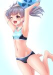  1girl absurdres ball barefoot beachball bikini blue_bikini breasts brown_eyes commentary_request grey_hair highres jumping kantai_collection makura_(user_jpmm5733) one_eye_closed ooshio_(kancolle) short_twintails small_breasts smile solo sports_bikini swimsuit twintails 