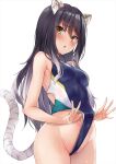  1girl 3: :o animal_ear_fluff animal_ears bangs bare_shoulders black_hair blue_swimsuit blush breasts commentary gradient_hair grey_hair highleg highleg_swimsuit long_hair looking_at_viewer marisasu_(marisa0904) medium_breasts multicolored_hair navel one-piece_swimsuit princess_connect! shiori_(princess_connect!) simple_background solo striped_tail swimsuit tail thighs tiger_ears tiger_girl tiger_tail white_background yellow_eyes 