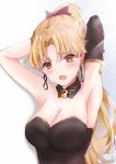 1girl absurdres armpits arms_behind_head arms_up bangs bare_shoulders blonde_hair breasts cleavage detached_collar earrings ereshkigal_(fate) fate/grand_order fate_(series) hair_ribbon highres hoop_earrings jewelry large_breasts long_hair looking_at_viewer parted_bangs red_eyes ribbon solo strapless tiara yuki_haru 