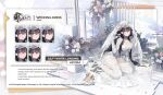  1girl azuma_(azur_lane) azuma_(lily-white_longing)_(azur_lane) azur_lane black_hair bouquet breasts bridal_veil bride cleavage english_commentary english_text expressionless flower gloves hair_flower hair_ornament high_heels kishiyo large_breasts long_hair looking_at_viewer official_alternate_costume official_art promotional_art sakura_empire_(emblem) see-through sitting thighhighs veil wariza white_footwear white_gloves white_legwear yellow_eyes 