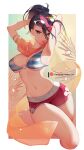  1girl armpits arms_behind_head bikini bikini_top black_hair blue_eyes border breasts commentary cropped_legs english_commentary eyewear_on_head feet_out_of_frame fiora_laurent gradient gradient_background highres large_breasts league_of_legends looking_at_viewer multicolored multicolored_background multicolored_hair nanoless navel o-ring o-ring_top orange_scarf palms parted_lips pink_hair pink_shorts ponytail scarf short_shorts shorts solo stomach striped striped_bikini sunglasses swimsuit white_border 