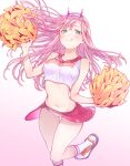  1girl :d absurdres bomhat breasts cheerleader darling_in_the_franxx gradient gradient_background green_eyes highres long_hair medium_breasts miniskirt open_mouth pink_background pink_hair pink_skirt pom_poms shirt skirt sleeveless smile solo very_long_hair white_shirt zero_two_(darling_in_the_franxx) 