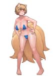  1girl absurdres animal_ears areola_slip areolae bikini blonde_hair blush breasts chanta_(ayatakaoisii) fox_ears fox_tail full_body hands_on_hips highres large_breasts leaning_forward navel no_hat no_headwear nose_blush short_hair simple_background solo swimsuit tail touhou white_background yakumo_ran yellow_eyes 