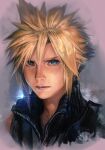  1boy blue_eyes cloud_strife earrings face final_fantasy final_fantasy_vii hungry_clicker jewelry lips looking_at_viewer male_focus solo spiked_hair zipper 