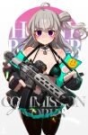  1girl absurdres ahoge bikini bikini_top black_bikini black_gloves blush breasts clenched_hand collarbone commission eyebrows_visible_through_hair eyeshadow fingerless_gloves floating_hair girls&#039;_frontline gloves grey_hair gun highres holding holding_gun holding_weapon honey_badger_(girls_frontline) iwasawayuki long_hair makeup off_shoulder purple_eyes red_eyeshadow side_bun skeb_commission small_breasts smile solo swimsuit trigger_discipline watermark weapon 