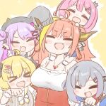  &gt;o&lt; 5girls ahoge amane_kanata angel arm_around_neck arm_up bangs bare_shoulders bibi_(tokoyami_towa) black_bow black_headwear black_ribbon blonde_hair blue_hair blush_stickers bow breasts camisole carrying closed_eyes colored_inner_hair commentary curled_horns demon_girl demon_horns diagonal-striped_bow dragon_girl dragon_horns drooling ear_piercing eyebrows_visible_through_hair fake_horns fang hair_bow hair_bun hair_intakes hair_ornament hair_ribbon hairclip hand_on_another&#039;s_shoulder hands_on_another&#039;s_head happy himemori_luna hololive horn_bow horns jacket jewelry kiryu_coco long_hair long_sleeves medium_breasts multicolored_hair multiple_girls nekoyama off_shoulder official_alternate_costume open_clothes open_jacket open_mouth orange_hair partially_unzipped pendant piercing pink_hair princess purple_hair red_jacket ribbon sheep_girl sheep_horns shoulder_carry silver_hair simple_background skin_fang sleeves_past_fingers sleeves_past_wrists striped striped_bow tokoyami_towa track_jacket tsunomaki_watame twintails upper_body virtual_youtuber white_camisole white_jacket white_neckwear x_hair_ornament yellow_background 