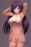  1girl a1 armpits arms_behind_head arms_up babydoll bangs bare_shoulders blush bra breasts cleavage closed_mouth collarbone eyebrows_visible_through_hair female_pubic_hair green_eyes hair_ornament hair_scrunchie large_breasts lingerie long_hair looking_at_viewer love_live! love_live!_school_idol_project low_twintails navel no_panties pink_scrunchie pubic_hair purple_bra purple_hair pussy scrunchie see-through smile solo standing swept_bangs toujou_nozomi twintails underwear 