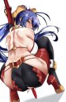  1girl absurdres antenna_hair ass backless_outfit blazblue blazblue:_central_fiction blue_hair blush breasts fingerless_gloves from_behind gloves hair_ribbon high_heels highres holding holding_spear holding_weapon kyle_(kysizzle) large_breasts long_hair looking_at_viewer mai_natsume mole mole_on_breast pink_eyes polearm ponytail pussy_juice red_gloves ribbon sideboob solo spear sweat weapon yellow_ribbon 