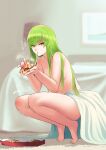  1girl absurdres bangs barefoot bed blanket blurry blurry_background c.c. cheese_trail code_geass commentary_request depth_of_field eating expressionless eyebrows_visible_through_hair food full_body green_hair highres holding holding_food indoors legs long_hair looking_at_viewer nude pizza_box pizza_slice revision sawasa signature solo squatting straight_hair translated very_long_hair yellow_eyes 