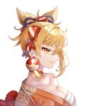  1girl blonde_hair breasts choker cleavage collarbone genshin_impact grin hair_ornament half-closed_eyes japanese_clothes kimono looking_to_the_side medium_breasts miyako_draw orange_eyes sarashi simple_background smile solo tattoo teeth white_background yoimiya_(genshin_impact) 