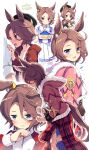  1girl animal_ears blue_eyes blush brown_hair clothes_around_waist eyebrows_visible_through_hair fur-trimmed_jacket fur_trim horse_ears horse_girl horse_tail jacket long_sleeves multiple_views narita_taishin_(umamusume) odawara_hakone open_mouth pink_jacket pleated_skirt puffy_short_sleeves puffy_sleeves school_uniform short_hair short_sleeves skirt tail tracen_school_uniform track_jacket umamusume white_skirt 