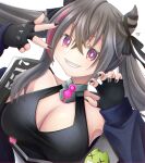  1girl armpit_crease azur_lane badge bangs bare_shoulders black_gloves black_nails black_ribbon blue_jacket breasts button_badge claw_pose cleavage commentary_request crossed_bangs dutch_angle eyebrows_visible_through_hair fang fingerless_gloves gloves grey_hair grin hair_between_eyes hair_horns hair_ribbon hands_up jacket large_breasts long_hair long_sleeves looking_at_viewer mirun_(funimani) multicolored_hair nail_polish number partial_commentary purple_eyes purple_hair ribbon san_francisco_(azur_lane) sidelocks signature simple_background sleeveless smile solo streaked_hair taut_clothes teeth twintails upper_body v_over_eye white_background 