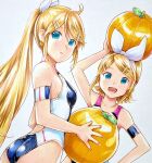  2girls :o aqua_eyes arm_up armband armpits ball bangs bare_shoulders beachball bikini blonde_hair bow breasts collarbone commentary dual_persona dutch_angle earrings fang food food-themed_earrings from_side fruit hair_bow hair_ornament hairclip hand_on_hip highres holding holding_ball holding_beachball jewelry kagamine_rin long_hair looking_at_viewer marker_(medium) mayo_riyo multiple_girls object_on_head older one-piece_swimsuit open_mouth orange_(food) parted_lips pink_nails ponytail short_hair sideboob sidelocks smile swept_bangs swimsuit traditional_media upper_body very_long_hair vocaloid white_bow 