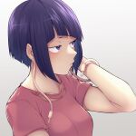  1girl bangs blue_eyes blunt_bangs blush boku_no_hero_academia breasts commentary_request grey_background hand_in_hair hand_up highres jirou_kyouka kobaji medium_breasts pink_shirt purple_eyes purple_hair shirt short_hair short_sleeves simple_background solo torn_clothes torn_shirt upper_body 