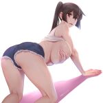  1girl ass bad_anatomy bangs bare_shoulders blue_shorts blush breast_hold breasts breasts_outside brown_eyes brown_hair clothes_lift covering covering_breasts cutoffs denim denim_shorts highres large_breasts long_hair looking_at_viewer minazuki_juuzou open_mouth original ponytail revision short_shorts shorts solo tank_top thighs white_background white_tank_top 