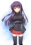  1girl arm_under_breasts black_sweater breast_hold breasts casual contemporary cowboy_shot eyebrows_visible_through_hair highres hourai_susugu large_breasts long_hair looking_at_viewer malariya purple_eyes purple_hair quiz_magic_academy ribbed_sweater single_horizontal_stripe solo sweater thighhighs 