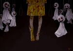  1girl 310(mito)_(meatgaugau) barefoot blood boots coat doll footwear_removed hanged hanging noose original raincoat rubber_boots signature simple_background single_boot smile solo suicide teruterubouzu yellow_coat yellow_footwear 