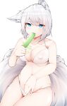 1girl absurdres animal_ear_fluff animal_ears azur_lane bangs bare_shoulders bikini blue_eyes breasts collarbone commentary commentary_request dated_commentary eating eyebrows_visible_through_hair food food_in_mouth food_on_breasts fox_ears fox_girl fox_tail hair_between_eyes highres holding holding_food kaga_(azur_lane) large_breasts looking_at_viewer multiple_tails open_mouth popsicle samip short_hair solo stomach swimsuit tail white_background white_bikini white_hair 