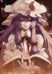  1girl book brown_background crescent crescent_hat_ornament hat hat_ornament highres joker_(stjoker) lips long_hair looking_at_viewer mob_cap nail_polish open_book patchouli_knowledge purple_eyes purple_hair purple_nails simple_background solo touhou upper_body very_long_hair 