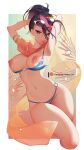  1girl armpits arms_behind_head bikini bikini_pull black_hair blue_eyes border breasts clothes_pull cropped_legs eyewear_on_head feet_out_of_frame fiora_laurent gradient gradient_background highres large_breasts league_of_legends looking_at_viewer multicolored multicolored_background multicolored_hair nanoless navel nipples o-ring o-ring_bikini orange_scarf palms parted_lips pink_hair ponytail scarf solo stomach striped striped_bikini sunglasses swimsuit white_border 