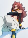  1girl android_21 arm_support blue_eyes bracelet breasts choker cleavage closed_mouth dragon_ball dragon_ball_fighterz earrings grey_background hair_between_eyes hoop_earrings jewelry kemachiku long_hair majin_android_21 medium_breasts red_hair simple_background sitting solo yellow_choker 