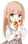  1girl :d bangs blush brown_hair crepe dress eating eyebrows_visible_through_hair food fruit green_eyes grey_dress hair_between_eyes holding holding_food long_hair long_sleeves looking_at_viewer open_mouth original pleated_dress sailor_collar shirt sleeveless sleeveless_dress smile solo strawberry very_long_hair waka_(yuuhagi_(amaretto-no-natsu)) white_background white_sailor_collar white_shirt yuuhagi_(amaretto-no-natsu) 