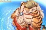  1boy abs alternate_costume animal_ears bara bare_pectorals baseball_cap beach blinking bouncing_pecs bulge from_above furry hat huge_filesize large_pectorals lifeguard long_hair male_focus male_swimwear muscular muscular_male navel nipples pang_(sdorica) partially_submerged pectorals red_male_swimwear reward_available sdorica smile sollyz solo stomach swim_briefs tail tiger_boy tiger_ears tiger_tail whistle whistle_around_neck 