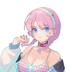  1girl arknights blue_eyes blue_poison_(arknights) blue_poison_(shoal_beat)_(arknights) braid breasts chinese_chess choker cleavage collarbone hairband hand_up highres jacket lierenfelon looking_at_viewer medium_breasts medium_hair o-ring o-ring_choker off_shoulder pink_choker pink_hair scales simple_background solo sports_bra twin_braids upper_body white_background white_jacket white_sports_bra 