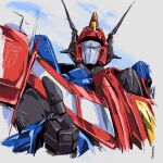  1980s_(style) 1boy autobot blue_eyes commission cropped_torso english_commentary highres hinomars19 looking_at_viewer mecha no_humans retro_artstyle science_fiction second-party_source solo star_saber_(transformers) thumbs_up transformers transformers_victory upper_body 