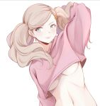  1girl arm_up bangs blonde_hair blue_eyes breasts commission crop_top highres long_sleeves looking_at_viewer medium_breasts navel persona persona_5 senacolada solo stomach swept_bangs takamaki_anne twintails upper_body white_background 