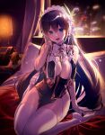  1girl absurdres azur_lane black_hair blue_eyes breasts cosplay gloves hair_ornament hand_in_hair harpoon harusame_(user_wawj5773) highres large_breasts long_hair on_bed open_mouth original sirius_(azure_horizons)_(azur_lane) sitting sitting_on_bed skin_tight thighhighs white_gloves white_legwear 