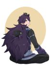  2boys black_cat black_eyes black_pants cat fengxi_(the_legend_of_luoxiaohei) from_behind full_body gihuta_hiroshi highres long_hair long_sleeves luoxiaohei multiple_boys pants pointy_ears profile purple_hair sitting the_legend_of_luo_xiaohei 