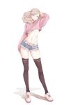  1girl absurdres arm_up bangs blonde_hair breasts commission full_body highres legs lips looking_at_viewer medium_breasts persona persona_5 senacolada shoes short_shorts shorts skindentation sneakers solo standing stomach swept_bangs takamaki_anne thighhighs twintails underboob white_background white_footwear 