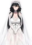  1girl absurdres azuma_(azur_lane) azuma_(lily-white_longing)_(azur_lane) azur_lane black_hair bow breasts bridal_veil bride brown_eyes cleavage collarbone dress flower gloves hair_between_eyes hair_flower hair_ornament hair_ribbon hands_clasped highres large_breasts long_hair looking_at_viewer official_alternate_costume own_hands_together qing-yu ribbon solo tress_ribbon veil very_long_hair wedding_dress white_background white_bow white_dress white_gloves 
