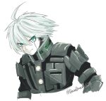  1boy ahoge android bangs closed_mouth commentary_request cropped_torso danganronpa_(series) danganronpa_v3:_killing_harmony grey_background grey_eyes grey_hair hair_between_eyes keebo kuma_pan_(bearbread624) looking_at_viewer male_focus pale_skin power_armor short_hair simple_background smile solo twitter_username upper_body 