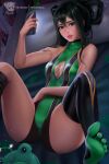  1girl asui_tsuyu bare_arms bare_shoulders boku_no_hero_academia breasts cellphone cleavage_cutout clothing_cutout green_leotard hair_between_eyes hair_rings highres holding holding_phone leotard lips looking_at_viewer medium_breasts parted_lips phone pillow prywinko smartphone solo thighhighs 