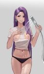  1girl black_panties breasts commentary cowboy_shot earrings fire_emblem fire_emblem_echoes:_shadows_of_valentia forehead grey_background hand_on_own_chest holding holding_shower_head jewelry jonbur_man long_hair looking_at_viewer medium_breasts mixed-language_commentary navel nipples no_bra panties parted_lips purple_eyes purple_hair see-through shirt short_sleeves shower_head showering simple_background smile solo sonya_(fire_emblem) stomach straight_hair underwear very_long_hair wet wet_clothes wet_shirt 