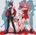  2girls alternate_costume ankle_boots antlers assault_rifle bangs bare_shoulders baseball_bat bear_hair_ornament belt black_footwear black_hair black_legwear black_skirt black_sweater blood blue_eyes boots bow breasts brown_hair chewing_gum choker danganronpa:_trigger_happy_havoc danganronpa_(series) dress english_commentary enoshima_junko full_body fur_trim grin gun hair_bow hair_ornament hand_on_hip high_heel_boots high_heels highres holding ikusaba_mukuro jacket jewelry long_hair long_sleeves looking_at_viewer medium_breasts multiple_girls nail_polish open_mouth pantyhose pink_hair red_belt red_dress red_jacket red_nails rei_(tdn_ng) reindeer_antlers rifle ring shoes short_hair siblings sisters skirt smile standing stg44 strapless strapless_dress sweater twintails weapon white_jacket 