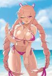  1girl ;p ahoge bangs beach bikini blush braid breasts day eyebrows_visible_through_hair grin hair_between_eyes highres last_origin long_hair looking_at_viewer narabi nipples one_eye_closed outdoors pink_eyes pink_hair side-tie_bikini sky smile solo string_bikini swimsuit t-14_miho tan tongue tongue_out twin_braids very_long_hair water wet 