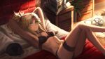  1girl armpits arms_behind_head arms_up bangs bare_shoulders black_bra black_legwear blonde_hair bra braid breasts cat collarbone crossed_legs fate/apocrypha fate_(series) french_braid green_eyes hair_ornament hair_scrunchie long_hair looking_at_viewer lying mordred_(fate) mordred_(fate)_(all) navel on_back parted_bangs ponytail scrunchie sidelocks small_breasts smile thighhighs thighs tonee underwear 