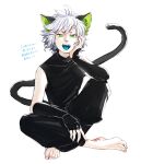  1boy animal_ears barefoot black_gloves black_pants black_shirt cat_boy cat_ears cat_tail fingerless_gloves full_body gloves green_eyes highres looking_at_viewer luoxiaohei male_focus micho pants shirt short_hair simple_background sitting sleeveless sleeveless_shirt solo tail the_legend_of_luo_xiaohei white_background white_hair 