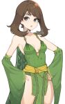  1girl :o armpits bare_shoulders blue_eyes breasts brown_hair cosplay cowboy_shot detached_sleeves dress final_fantasy final_fantasy_iv green_dress hands_on_hips highres long_sleeves looking_at_viewer may_(pokemon) medium_breasts milka_(milk4ppl) open_mouth pelvic_curtain pokemon pokemon_(game) pokemon_rse revealing_clothes rydia rydia_(cosplay) short_hair simple_background solo standing thighs white_background wide_sleeves 