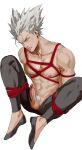  1boy abs absurdres bdsm black_pants blush bondage bound bound_arms bound_legs commentary dudlesnoodles erection flats garou_(one-punch_man) grey_hair grimace highres looking_at_viewer male_focus muscular muscular_male nipples one-punch_man pants pectorals penis pointy_hair pubic_hair shibari shoes solo testicles topless white_background yellow_eyes 