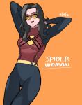  1girl arms_behind_head artist_name black_hair bodysuit breasts character_name goggles highres jessica_drew looking_up marvel medium_breasts open_mouth orange_background parted_hair smile solo spider-woman superhero sushi_pizza_rrr thigh_gap 