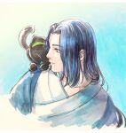  2boys animal_on_shoulder black_cat blue_eyes blue_hair cat cat_on_shoulder highres long_hair luoxiaohei male_focus micho multiple_boys profile smile the_legend_of_luo_xiaohei upper_body wuxian_(the_legend_of_luoxiaohei) 