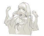  1girl bangs bikini blunt_bangs bracelet breasts cleavage collarbone commentary_request danganronpa_(series) danganronpa_v3:_killing_harmony eyebrows_visible_through_hair fang frills greyscale jacket jewelry long_hair low_twintails monochrome open_clothes open_jacket open_mouth rei_(tdn_ng) shell_necklace sidelocks simple_background smile solo swimsuit twintails upper_teeth yonaga_angie 